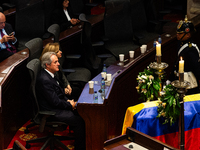 Fernando Botero Zae, son of the late Colombian artist Fernando Botero is seen as his father lies inside the National Congress during his wak...