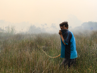 A man in Soak Batok Village, North Indralaya District, Ogan Ilir Regency, South Sumatra is extinguishing forest and land fires on Monday, Se...