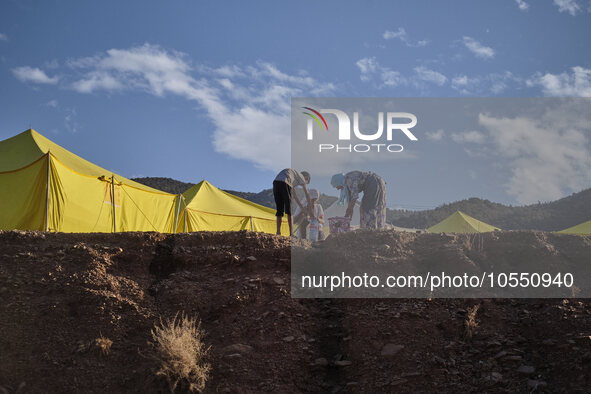 In Ouirgane, Morocco, on September 14, 2023, a tented camp is being set up to accommodate earthquake victims whose rural homes have collapse...