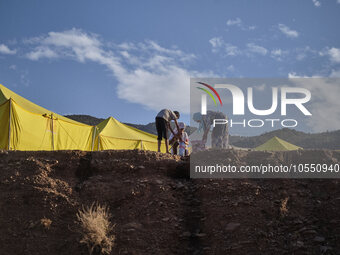 In Ouirgane, Morocco, on September 14, 2023, a tented camp is being set up to accommodate earthquake victims whose rural homes have collapse...