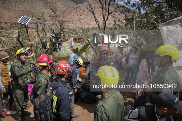 In Talat N'Yaaqoub, Morocco, on September 14, 2023, a Moroccan rescue operation team is preparing to intervene in a hamlet near the area. 