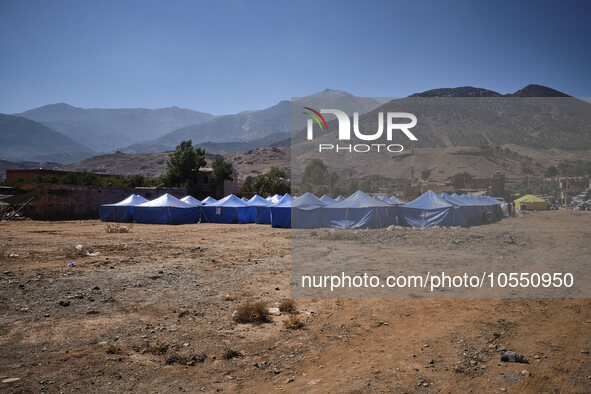 In Talat N'Yaaqoub, Morocco, on September 14, 2023, a tented camp is being set up to accommodate the victims of the earthquake that occurred...