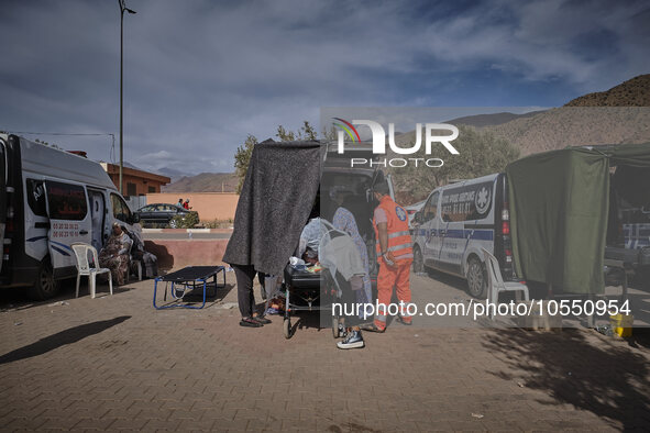 Morocco, Talat N'Yaaqoub, 2023-09-13. A car park has been requisitioned in the village of Talat N'Yaaqoub so that ambulances can park and pr...