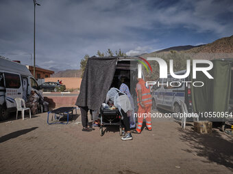 Morocco, Talat N'Yaaqoub, 2023-09-13. A car park has been requisitioned in the village of Talat N'Yaaqoub so that ambulances can park and pr...