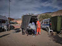 Morocco, Talat N'Yaaqoub, 2023-09-13. A car park has been requisitioned in the village of Talat N'Yaaqoub so that ambulances can park and pr...