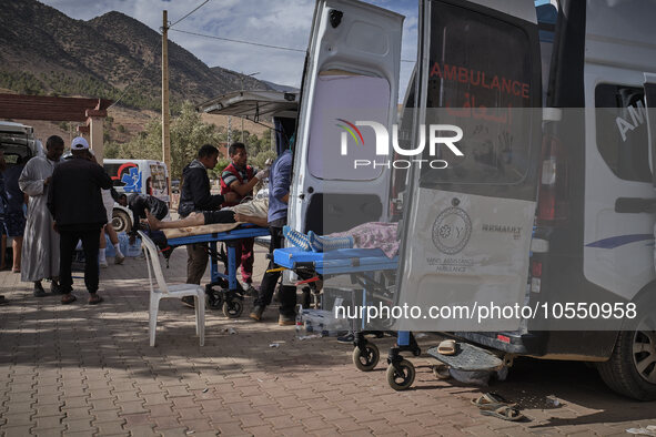 Morocco, Talat N'Yaaqoub, 2023-09-13. A car park has been requisitioned in the village of Talat N'Yaaqoub so that ambulances can park and pr...