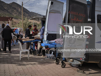 Morocco, Talat N'Yaaqoub, 2023-09-13. A car park has been requisitioned in the village of Talat N'Yaaqoub so that ambulances can park and pr...