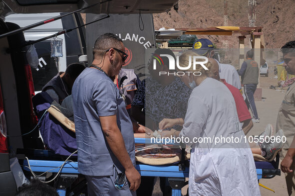 Morocco, Talat N'Yaaqoub, 2023-09-13. A car park has been requisitioned in the village of Talat N'Yaaqoub so that ambulances can park and pr...