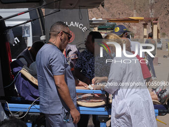 Morocco, Talat N'Yaaqoub, 2023-09-13. A car park has been requisitioned in the village of Talat N'Yaaqoub so that ambulances can park and pr...