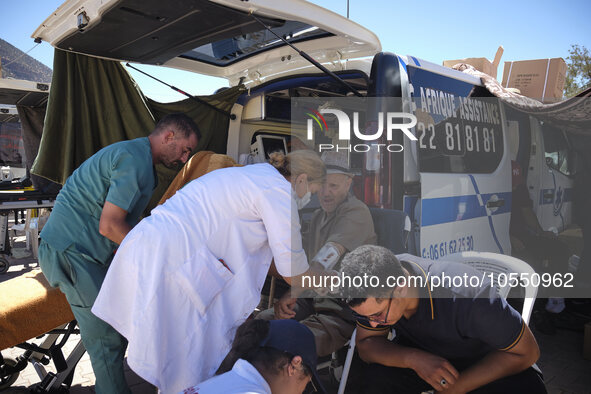 Morocco, Talat N'Yaaqoub, 2023-09-13. A car park has been requisitioned in the village of Talat N'Yaaqoub so that ambulances can park and pr...