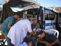 Morocco, Talat N'Yaaqoub, 2023-09-13. A car park has been requisitioned in the village of Talat N'Yaaqoub so that ambulances can park and pr...