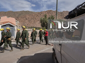 In Talat N'Yaaqoub, Morocco, on September 14, 2023, a Moroccan rescue operation team is preparing to intervene in a hamlet near the area. (