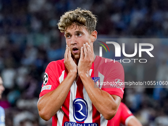 Marcos Llorente of Atletico de Madrid looks dejected during the UEFA Champions League Group E match between SS Lazio v Atletico de Madrid at...