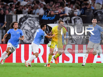 Ivan Provedel of SS Lazio celebrates with teammates after scoring the team's first goal to equalise  during the UEFA Champions League Group...