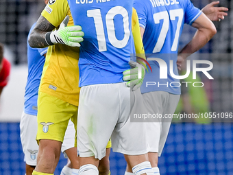 Ivan Provedel of SS Lazio celebrates with Luis Alberto of SS Lazio at the end of the UEFA Champions League Group E match between SS Lazio v...