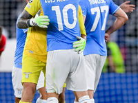 Ivan Provedel of SS Lazio celebrates with Luis Alberto of SS Lazio at the end of the UEFA Champions League Group E match between SS Lazio v...