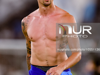 Stefan Savic of Atletico de Madrid looks on during the UEFA Champions League Group E match between SS Lazio v Atletico de Madrid at Stadio O...