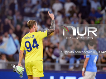 Ivan Provedel of SS Lazio celebrates at the end of the UEFA Champions League Group E match between SS Lazio v Atletico de Madrid at Stadio O...