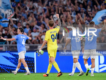 Ivan Provedel of SS Lazio celebrates at the end of the UEFA Champions League Group E match between SS Lazio v Atletico de Madrid at Stadio O...