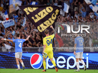 Ivan Provedel of SS Lazio celebrates at the end of the UEFA Champions League Group E match between SS Lazio v Atletico de Madrid at Stadio O...