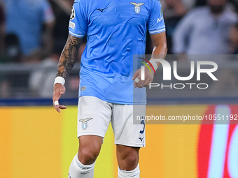 Luca Pellegrini of SS Lazio during the UEFA Champions League Group E match between SS Lazio v Atletico de Madrid at Stadio Olimpico Roma on...