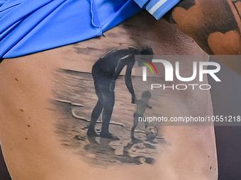 Close up of Ciro Immobile of SS Lazio chest tattoo during the UEFA Champions League Group E match between SS Lazio v Atletico de Madrid at S...