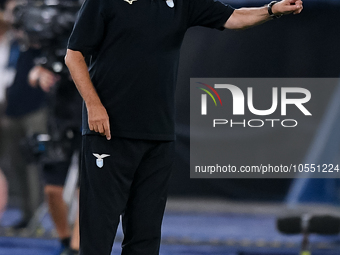 Maurizio Sarri of SS Lazio gestures during the UEFA Champions League Group E match between SS Lazio v Atletico de Madrid at Stadio Olimpico...