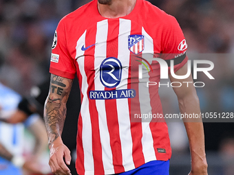 Stefan Savic of Atletico de Madrid looks on during the UEFA Champions League Group E match between SS Lazio v Atletico de Madrid at Stadio O...