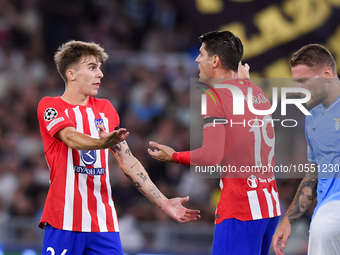 Pablo Barrios of Atletico de Madrid talks to Alvaro Morata of Atletico de Madrid during the UEFA Champions League Group E match between SS L...