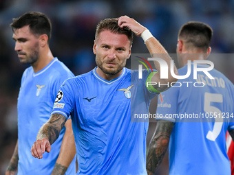 Ciro Immobile of SS Lazio reacts during the UEFA Champions League Group E match between SS Lazio v Atletico de Madrid at Stadio Olimpico Rom...