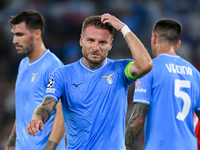 Ciro Immobile of SS Lazio reacts during the UEFA Champions League Group E match between SS Lazio v Atletico de Madrid at Stadio Olimpico Rom...