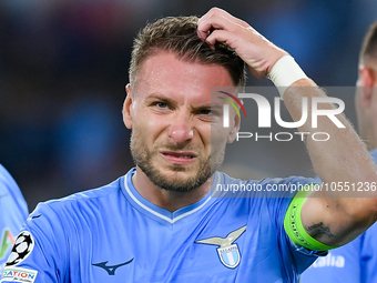 Ciro Immobile of SS Lazio reacts during the UEFA Champions League Group E match between SS Lazio v Atletico de Madrid at Stadio Olimpico Rom...