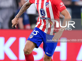 Stefan Savic of Atletico de Madrid during the UEFA Champions League Group E match between SS Lazio v Atletico de Madrid at Stadio Olimpico R...