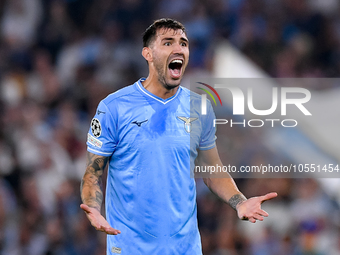 Alessio Romagnoli of SS Lazio yells during the UEFA Champions League Group E match between SS Lazio v Atletico de Madrid at Stadio Olimpico...