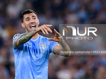 Alessio Romagnoli of SS Lazio gestures during the UEFA Champions League Group E match between SS Lazio v Atletico de Madrid at Stadio Olimpi...