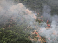 CHENGDE, CHINA - SEPTEMBER 25, 2023 - Firefighters perform a fire fighting drill in a forest area in Chengde, Hebei Province, China, Sept 25...