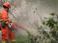 CHENGDE, CHINA - SEPTEMBER 25, 2023 - Firefighters perform a fire fighting drill in a forest area in Chengde, Hebei Province, China, Sept 25...