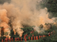 CHENGDE, CHINA - SEPTEMBER 25, 2023 - Firefighters perform a fire fighting drill in a forest area in Chengde, Hebei Province, China, Sept 25...