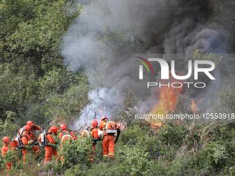 CHENGDE, CHINA - SEPTEMBER 25, 2023 - Firefighters perform a fire fighting drill in a forest area in Chengde, Hebei Province, China, Sept 25...