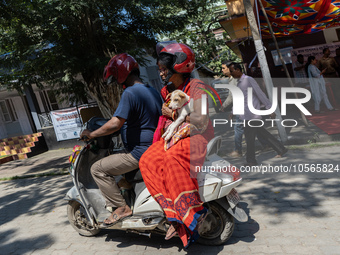 Man and woman returns with their dog on scooter after administer Anti-Rabies Vaccine (ARV) at a Govt. veterinary hospital, during a free ant...