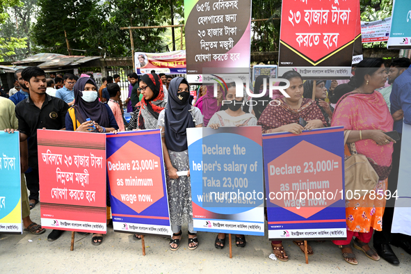 Activists of IndustriALL Bangladesh Council held a protest rally to demanding an increase in the minimum wages for garment workers, in Dhaka...