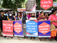 Activists of IndustriALL Bangladesh Council held a protest rally to demanding an increase in the minimum wages for garment workers, in Dhaka...