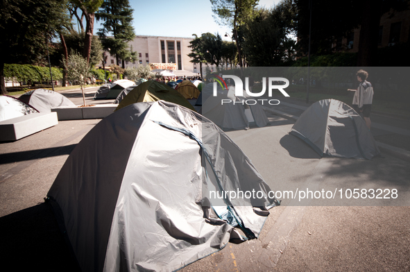 In Rome, Italy, on October 2, 2023, the students of La Sapienza University are continuing to protest against high rents by sleeping in tents...