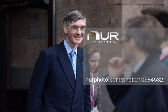 Jacob Rees Mogg, GB News broadcaster, during the Conservative Party Conference at Manchester Central Convention Complex, Manchester on Monda...