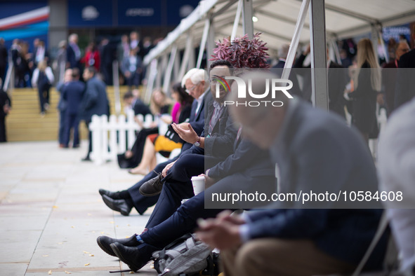 Delegates take a breather during the Conservative Party Conference at Manchester Central Convention Complex, Manchester on Monday 2nd Octobe...