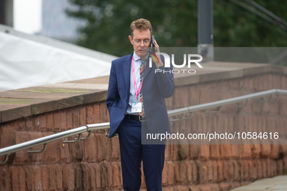 Andy Street, the Mayor of the West Midlands, on his phone during the Conservative Party Conference at Manchester Central Convention Complex,...