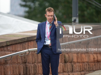 Andy Street, the Mayor of the West Midlands, on his phone during the Conservative Party Conference at Manchester Central Convention Complex,...