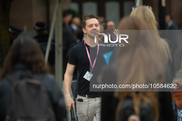 Owen Jones accosts delegates during the Conservative Party Conference at Manchester Central Convention Complex, Manchester on Monday 2nd Oct...