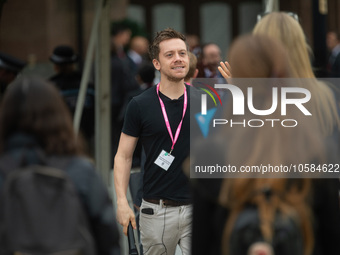 Owen Jones accosts delegates during the Conservative Party Conference at Manchester Central Convention Complex, Manchester on Monday 2nd Oct...