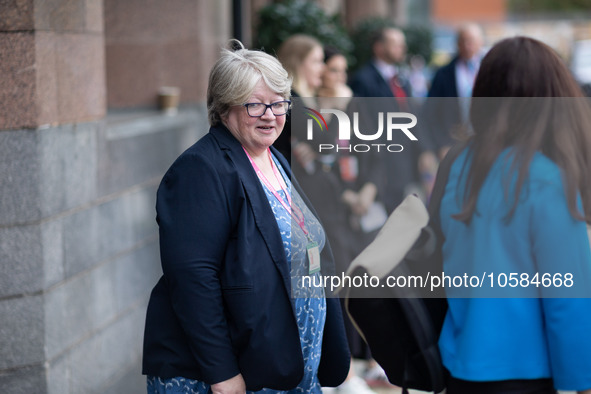 Therese Coffey MP during the Conservative Party Conference at Manchester Central Convention Complex, Manchester on Monday 2nd October 2023. 